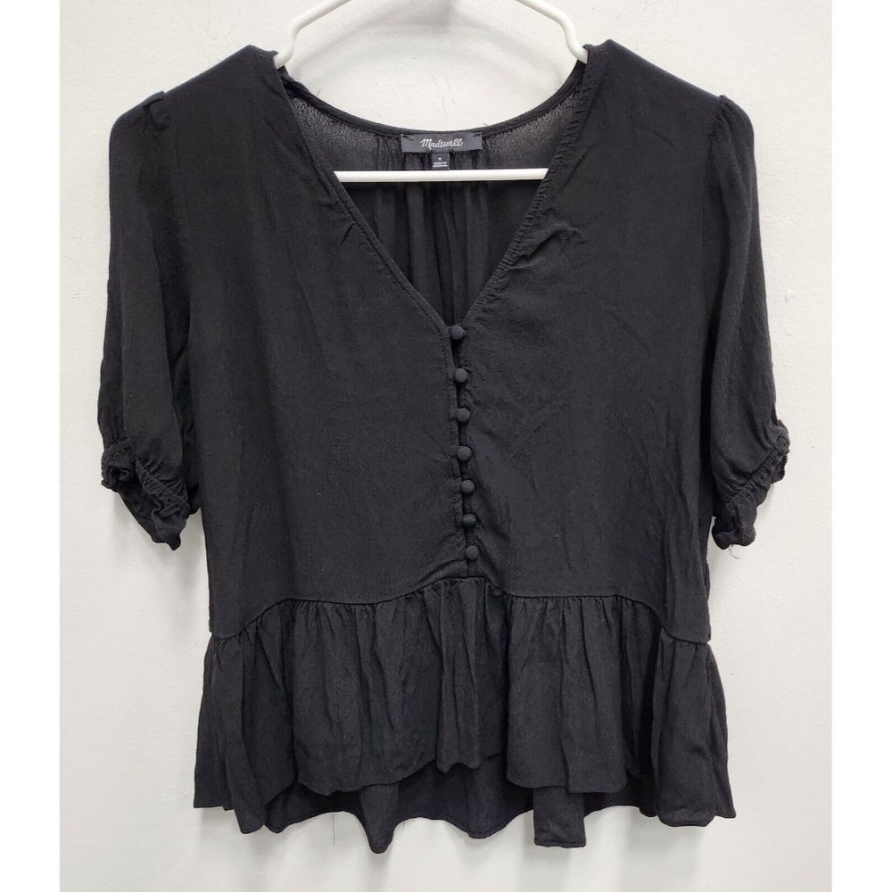 Madewell Womens Courtyard Ruffle Hem Blouse Small Black Button Front Peplum Top - Picture 1 of 9